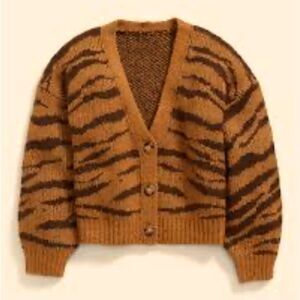 Cropped Tiger Pattern Textured Jacquard Button-Front Cardigan Sweater size 6-7